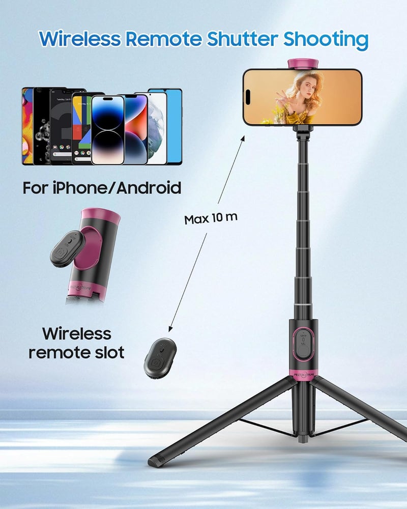 Aklima 67" Selfie Stick Tripod, All in One Phone Tripod with Wireless Remote, Extendable Compact Tripods Portable Travel Stand for iPhone Android Selfie/Video Recording/Live Stream/Vlog - Image 4